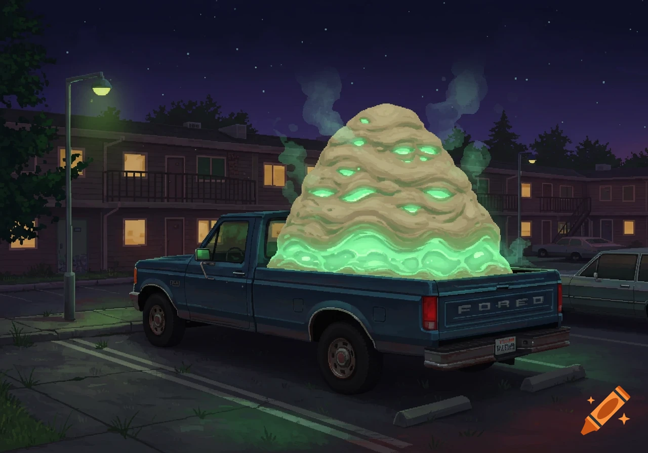 A pixel art image of a 1990s blue pickup truck at night in a parking lot, with a glowing, multi-eyed, dough-like mass in its bed.