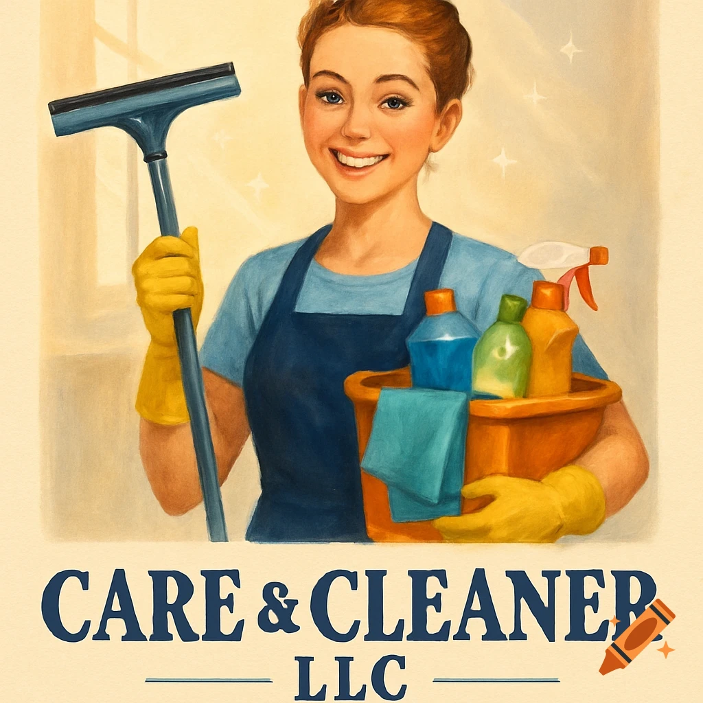 A smiling woman in an apron and gloves holds a squeegee and a bucket of cleaning supplies, with "CARE & CLEANER LLC" text below, in an illustrative style.