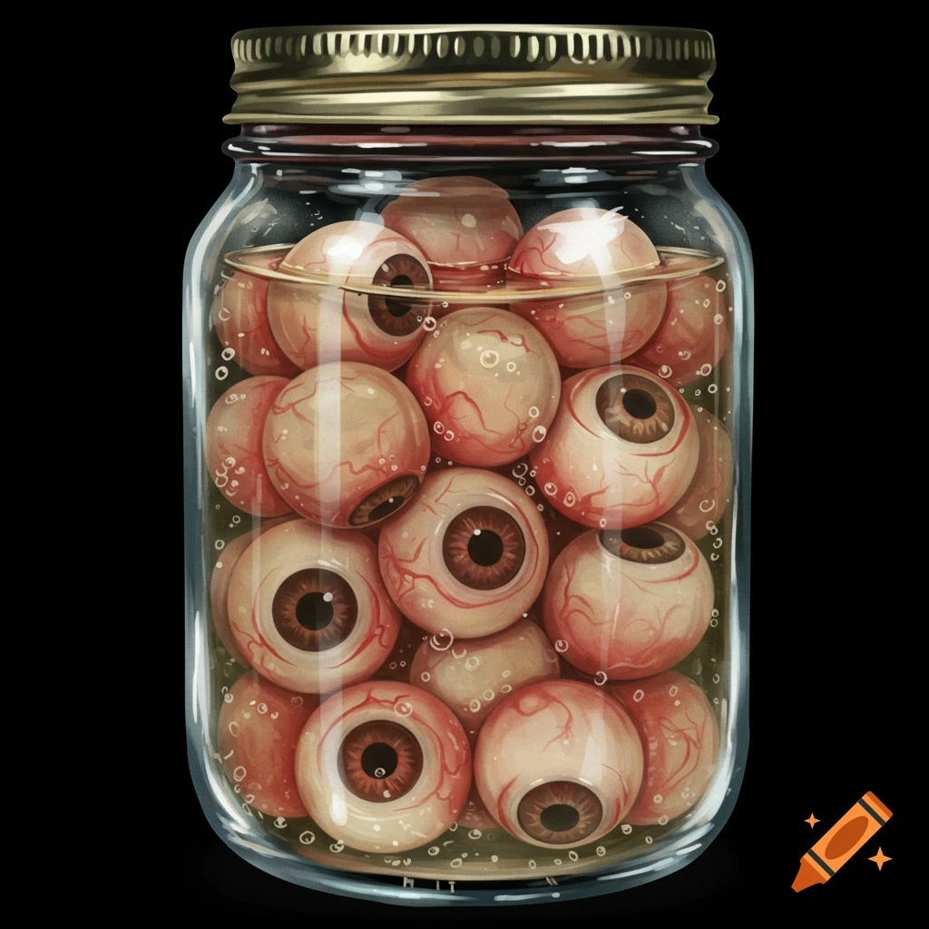 A glass jar filled with many realistic eyeballs in a liquid, against a black background.