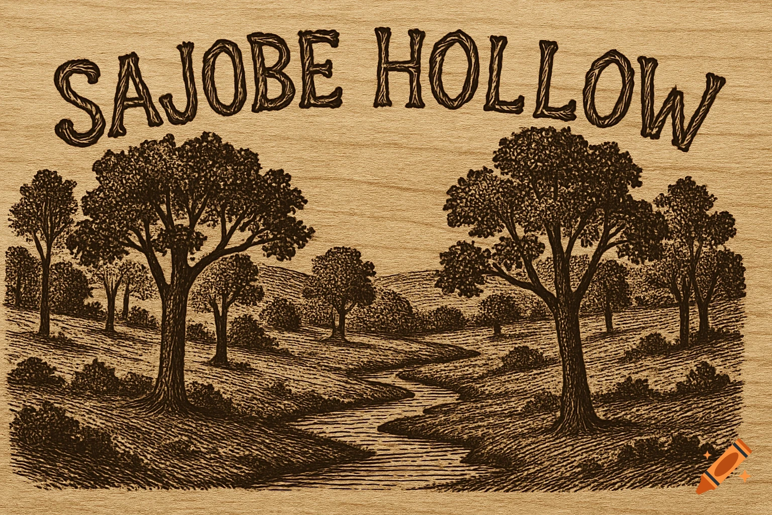 Laser-engraved landscape of a wooded hollow with rolling hills and a stream, with 'SAJOBE HOLLOW' text above.