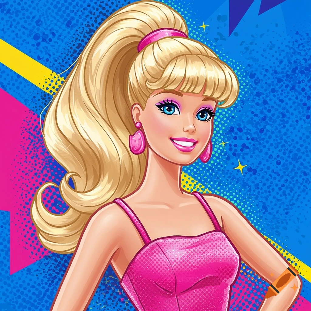 An illustration of Barbie smiling, wearing a pink top, with blonde hair in a high ponytail, against a vibrant blue and pink geometric background.