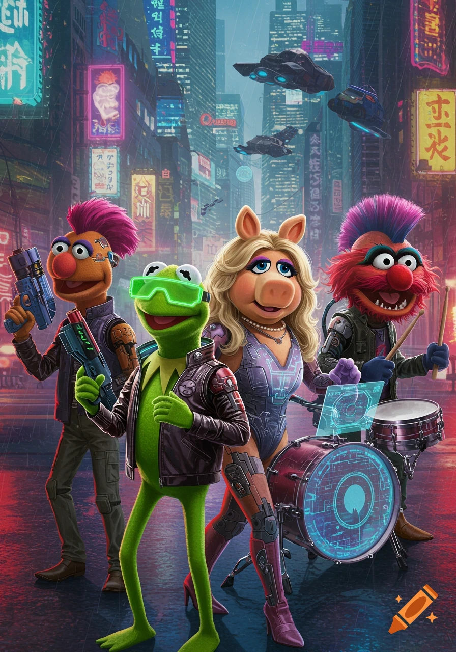 The Muppets, including Kermit, Miss Piggy, and Animal, dressed in cyberpunk attire, stand in a neon-lit futuristic city.