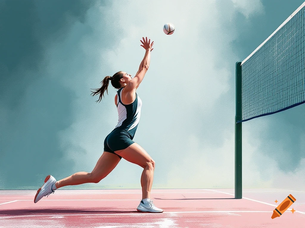 A female volleyball player in a uniform jumps to hit a volleyball over a net on a court.