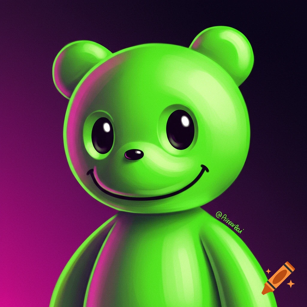 A glossy, neon green gummy bear-like character with a black nose and smiling mouth, against a dark purple and black gradient background.
