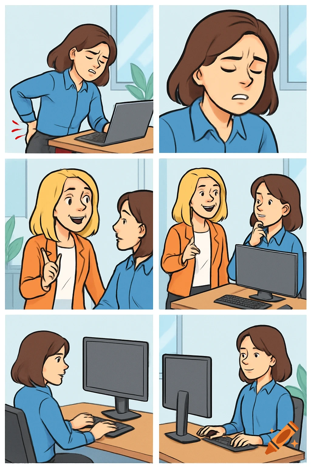 A 6-panel comic shows an office worker with back pain, then a coworker advises on ergonomics, leading to the worker happily using an ergonomic setup.