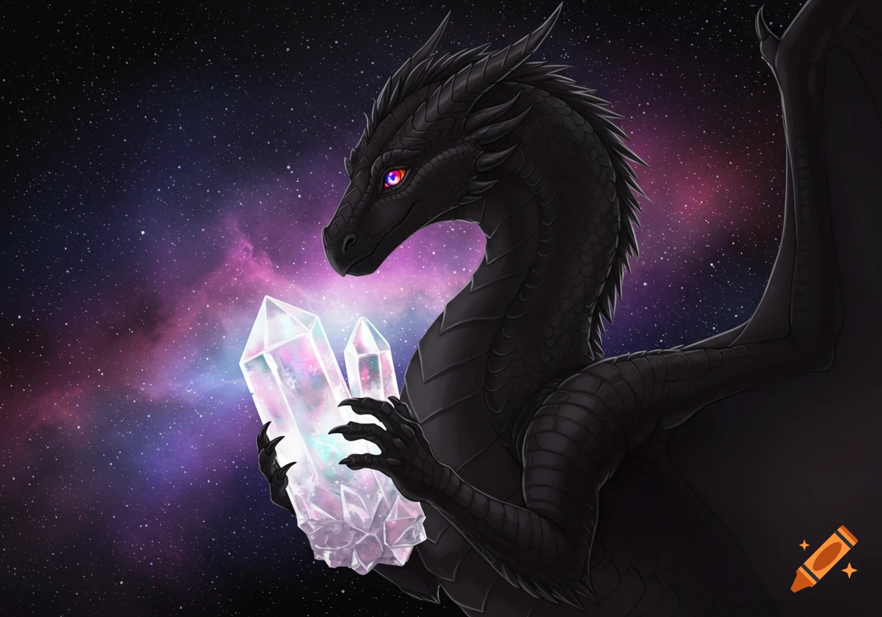 A majestic black dragon with glowing rainbow eyes holds two large, shimmering crystals against a backdrop of a starry galaxy.