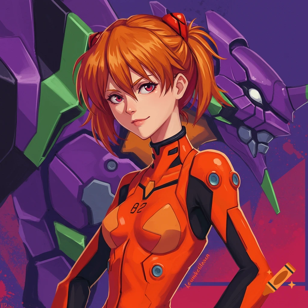 Anime style portrait of Asuka Langley Soryu in an orange plugsuit, standing in front of a purple Evangelion Unit.