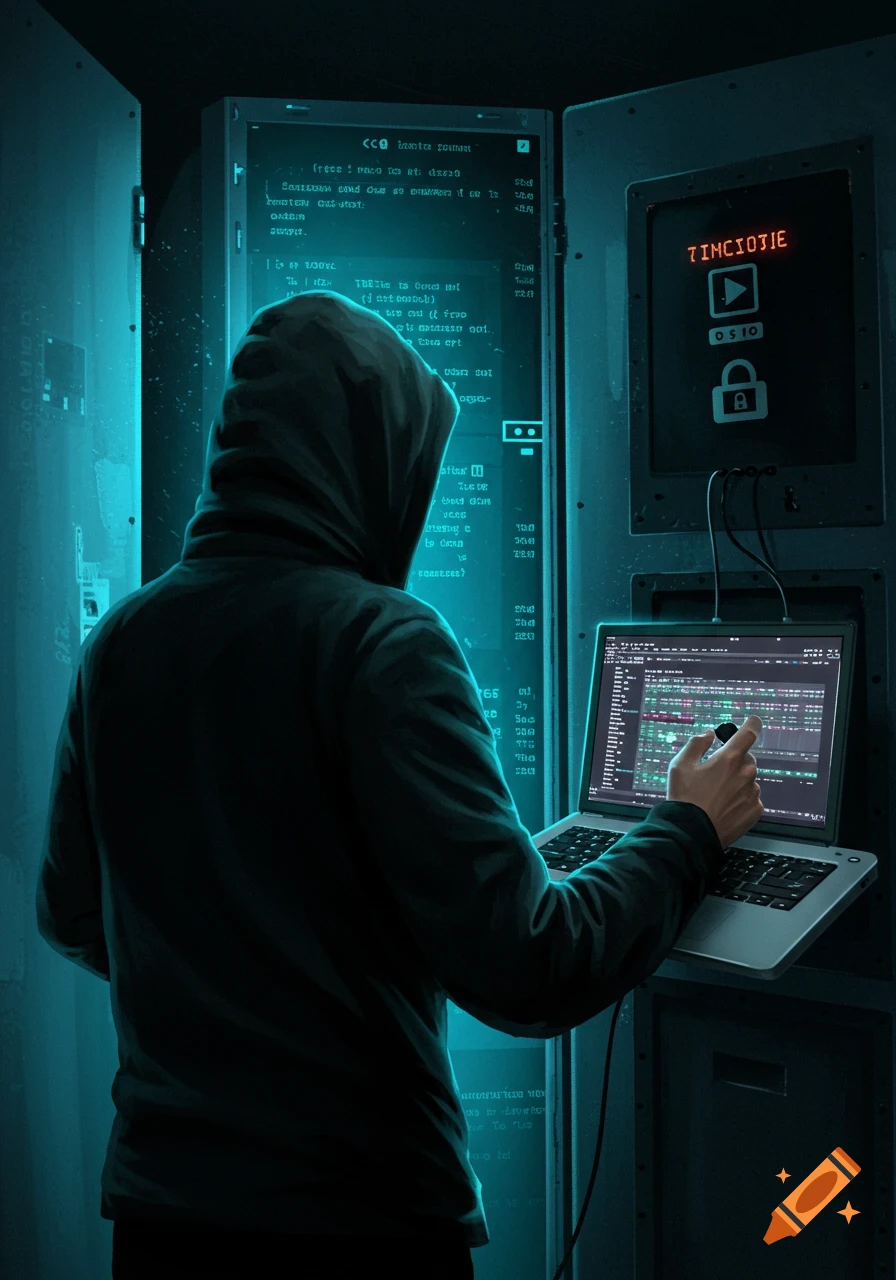 A person in a dark hoodie, seen from behind, stands in a server room looking at glowing computer screens, operating a laptop.