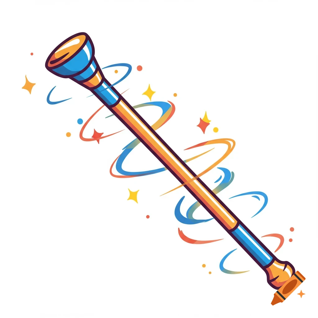 A cartoon illustration of a golden and blue twirling baton with colorful rings and stars around it on a white background.