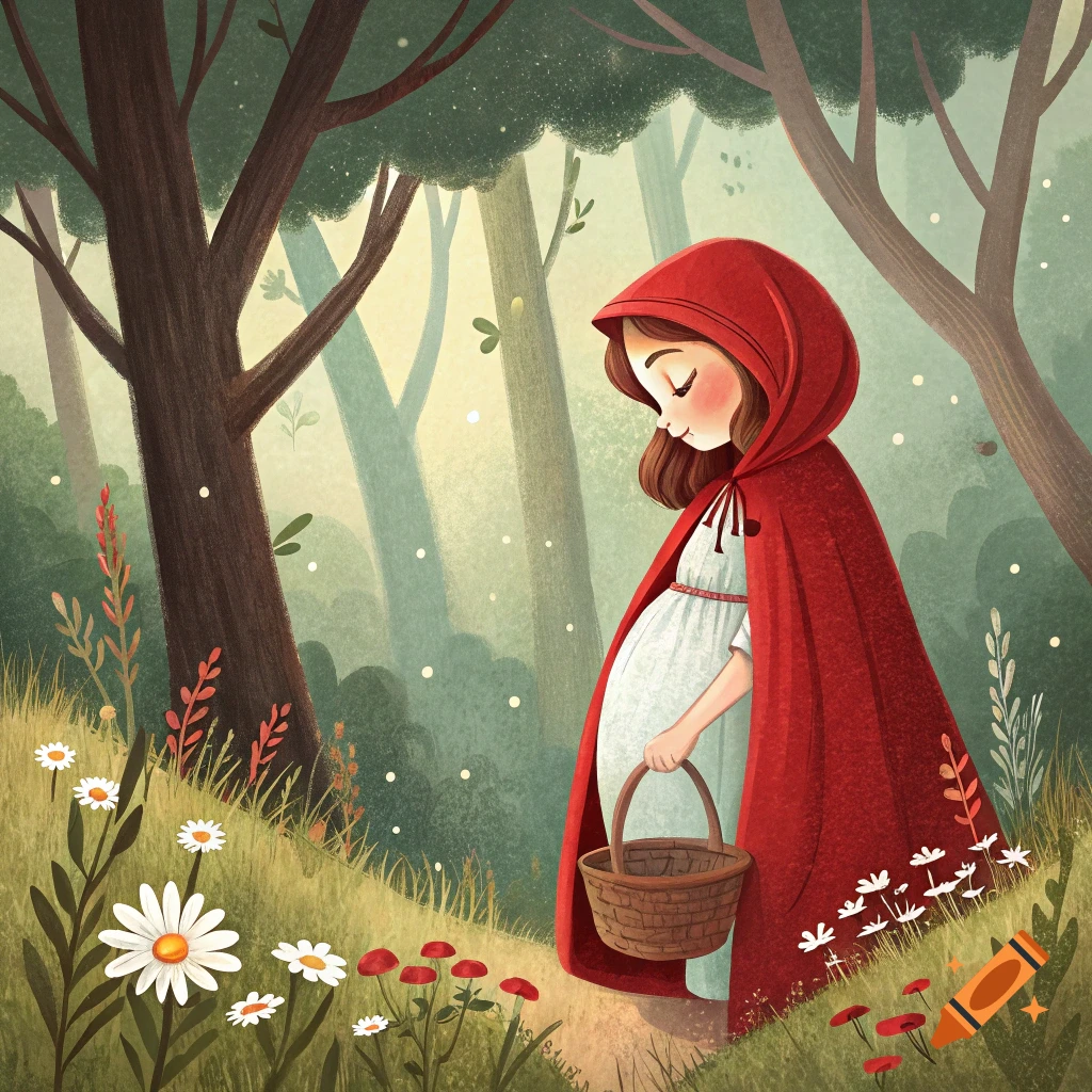 A pregnant Little Red Riding Hood walks through a lush forest path, holding a basket, in a whimsical storybook illustration.
