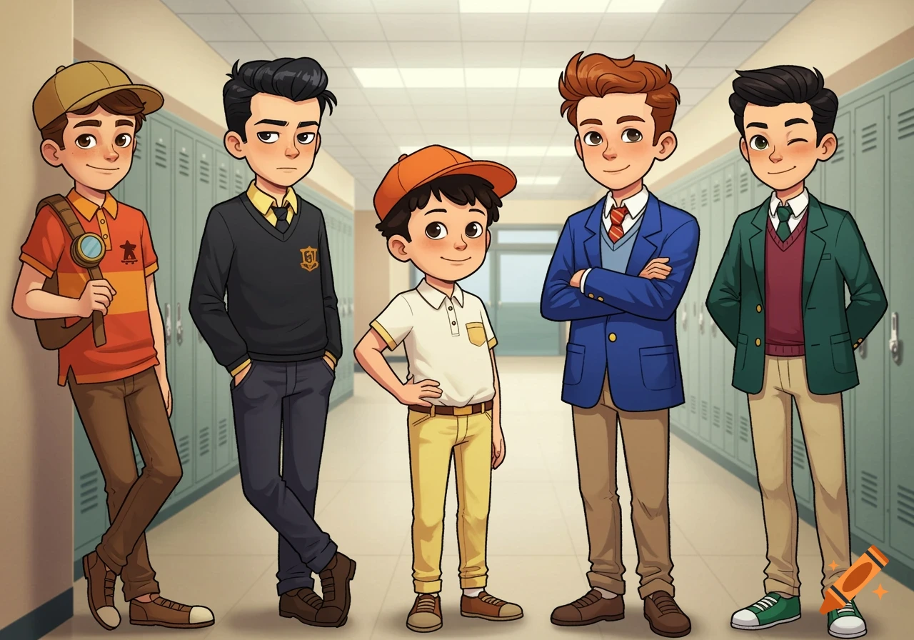 Five preppy cartoon boys with different hairstyles and expressions stand in a school hallway with lockers.