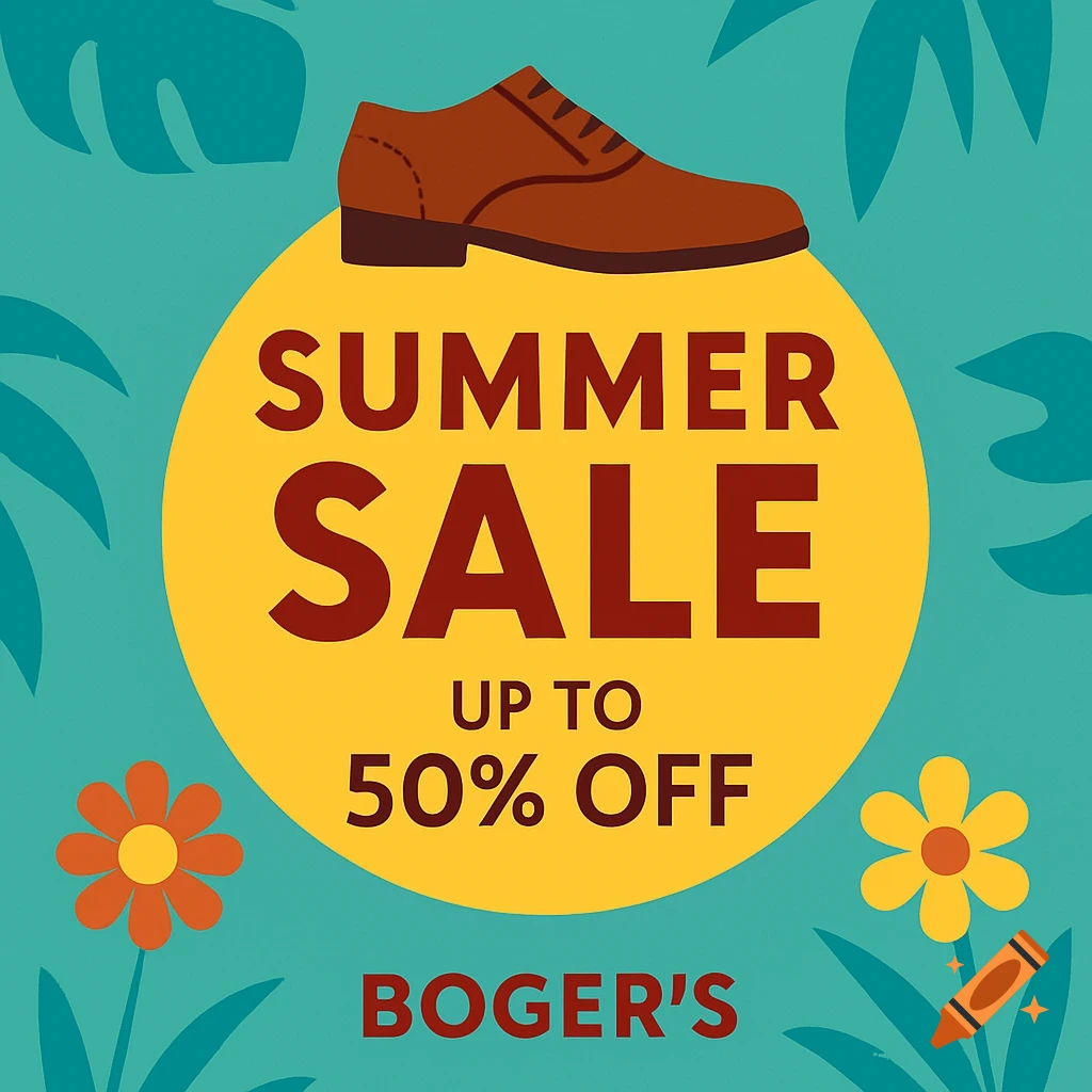 An illustrated advertisement for a summer shoe sale, featuring a brown shoe, 'SUMMER SALE' text, and tropical foliage.