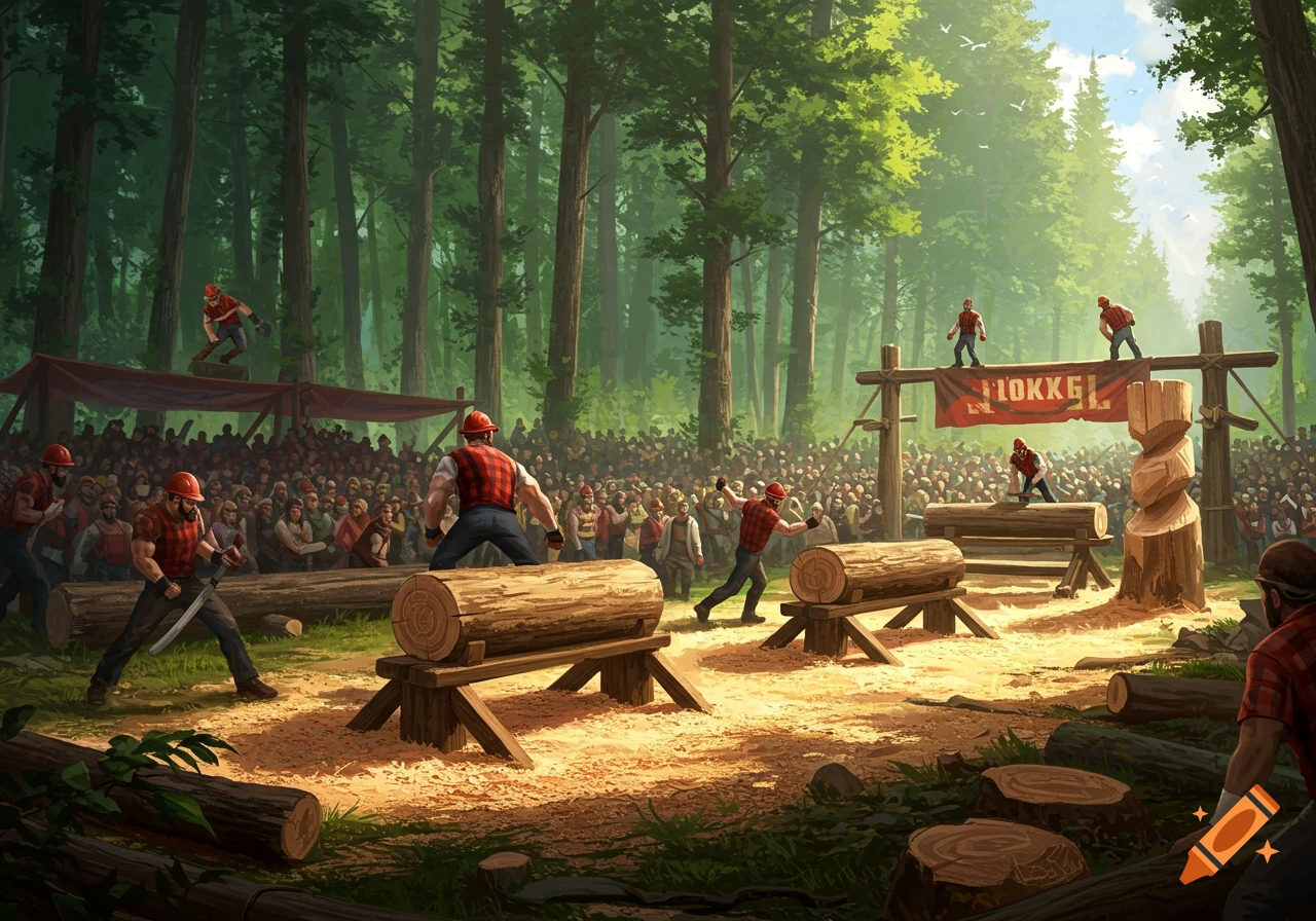 A vibrant illustration of a lumberjack competition in a sunlit forest, with men chopping logs and spectators cheering.