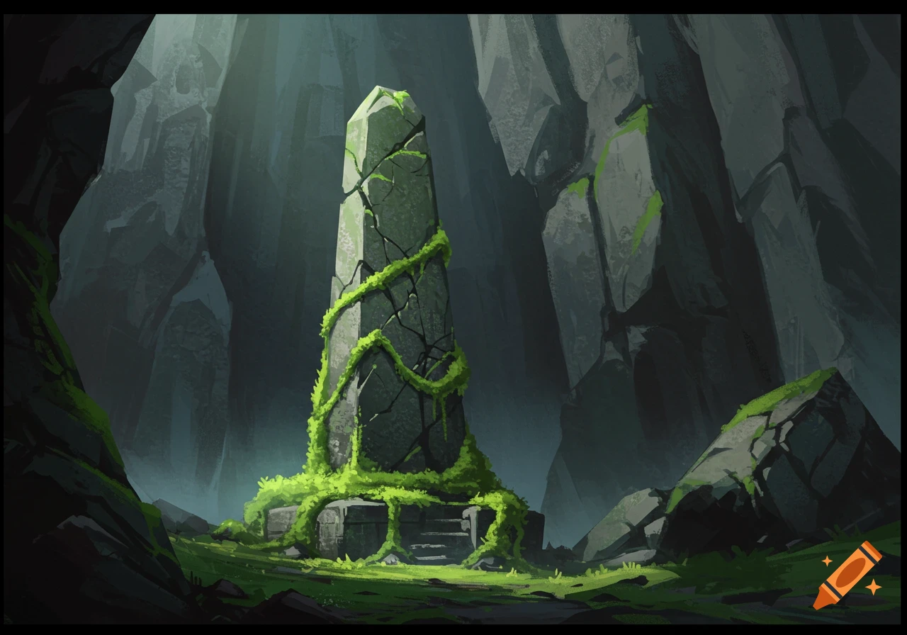A cracked stone obelisk draped with vibrant green vines and moss stands in a dark, mysterious grotto amidst towering cliffs, with light filtering from above.