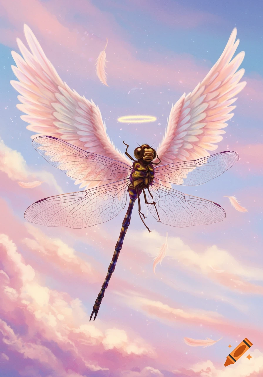 An illustration of a dragonfly with white feather angel wings and a halo, flying in a dreamy pink and blue sky with floating feathers.