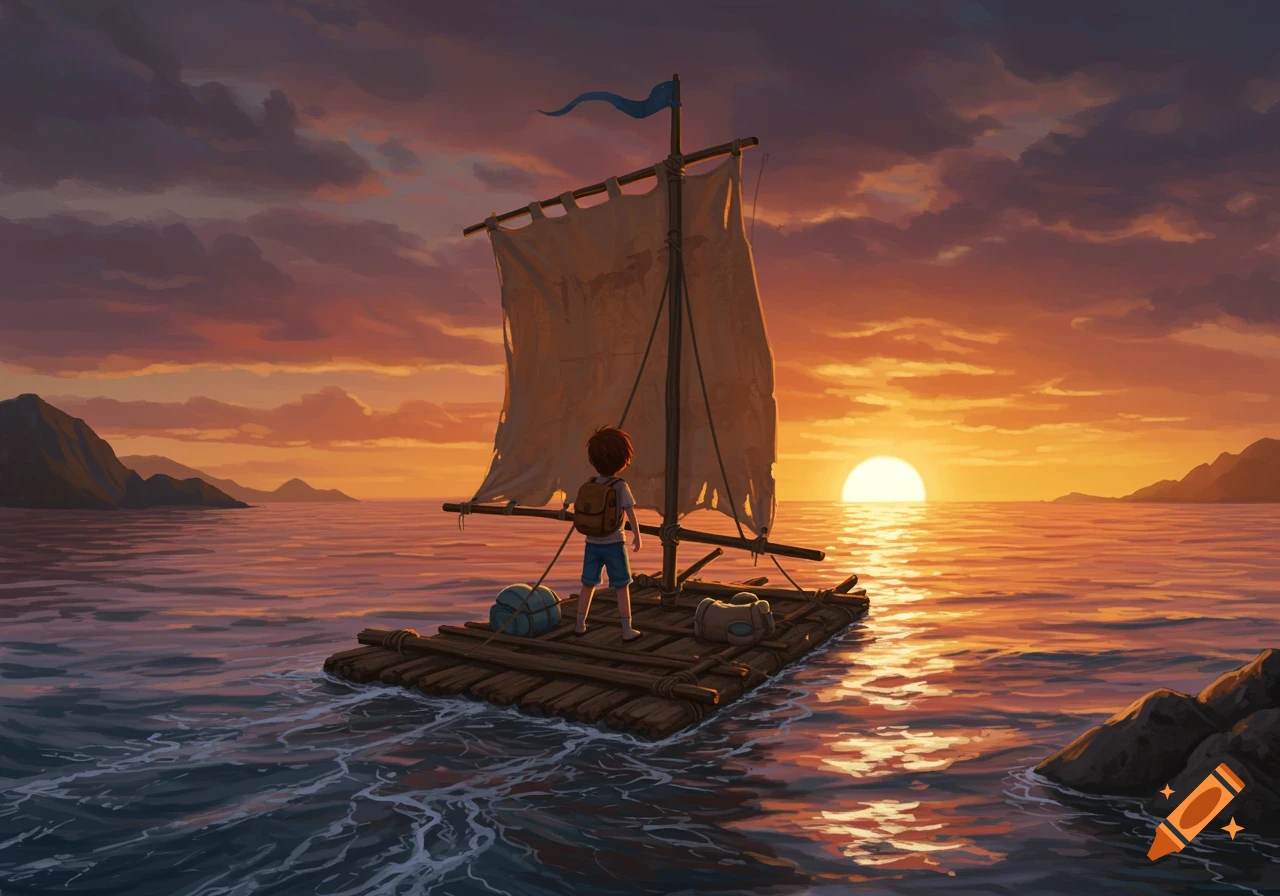 An illustrated boy on a makeshift raft sails towards the setting sun on the open sea.