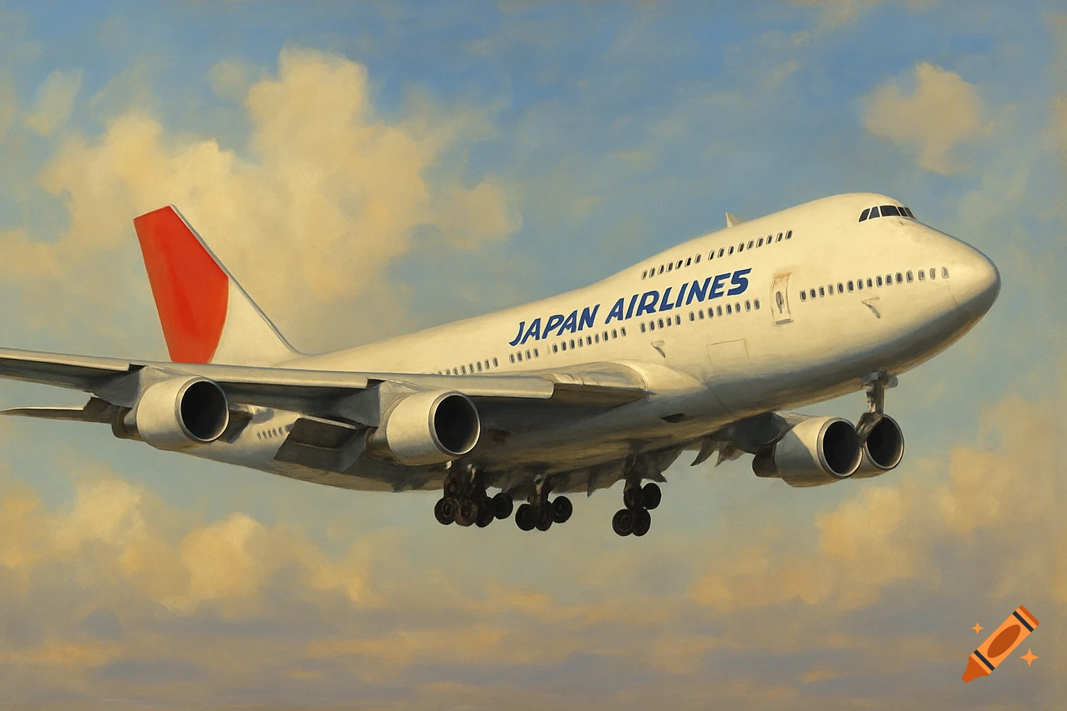 A white Japan Airlines Boeing 747 airplane with a red tail, landing gear down, flying through a cloudy sky in a painterly style.