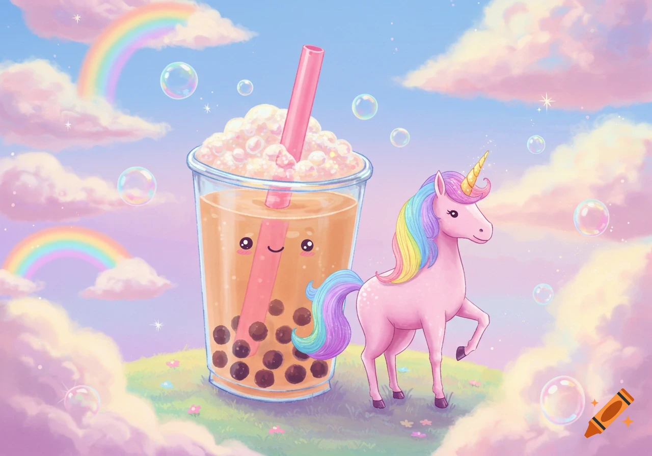 A pink unicorn and a smiling bubble tea cup stand on a grassy hill with pastel clouds, rainbows, and bubbles in a whimsical, dreamy style.