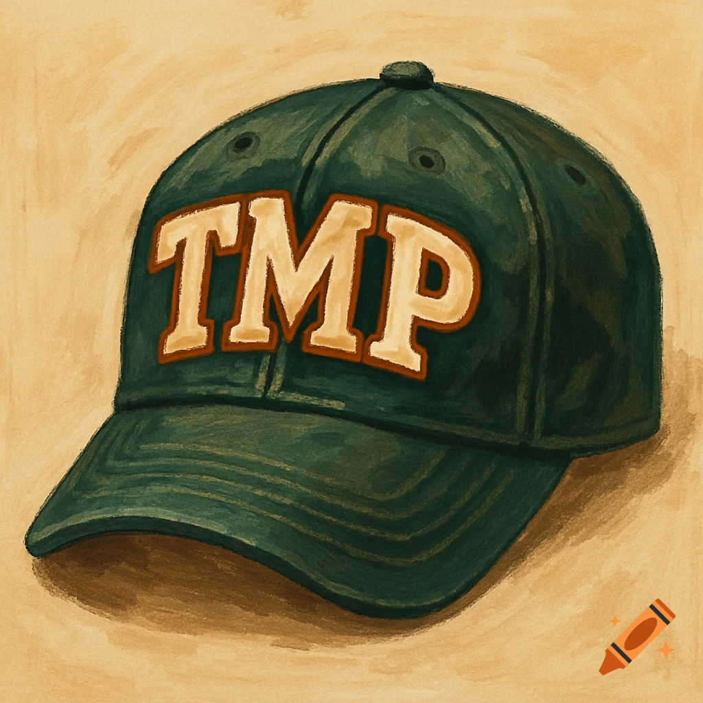 A dark green baseball cap with the letters 'TMP' in light orange and dark orange outline on the front, in a painterly style.