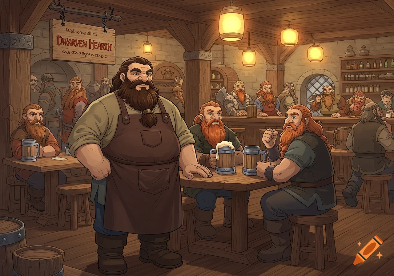 Dwarves gathered in a lively wooden tavern, with a large dwarven innkeeper in the foreground, in an anime style.