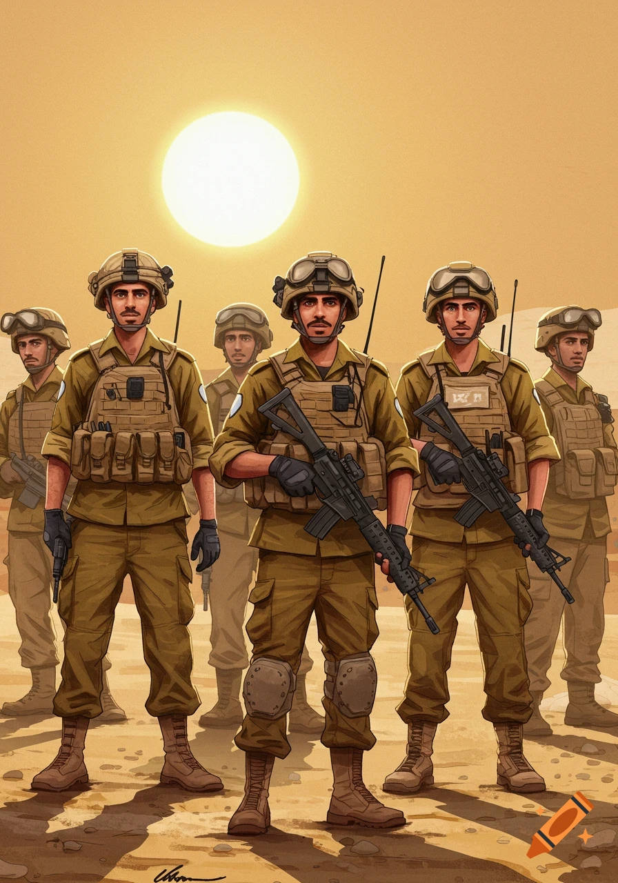 An illustration of six Israeli soldiers in desert camouflage and tactical gear, standing under a bright sun in a sandy landscape.
