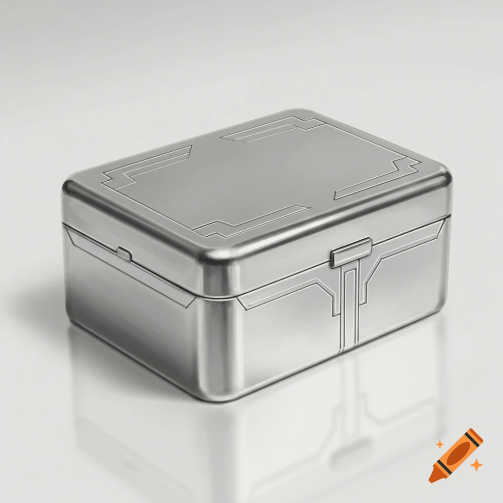 A shiny silver rectangular box with Art Deco-style engraved patterns, reflecting on a white surface.