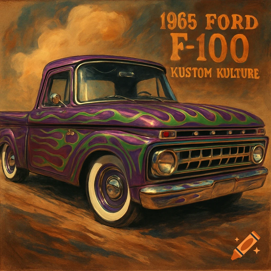 A vintage purple 1965 Ford F-100 pickup truck with green and purple flames, painted in a Kustom Kulture style.