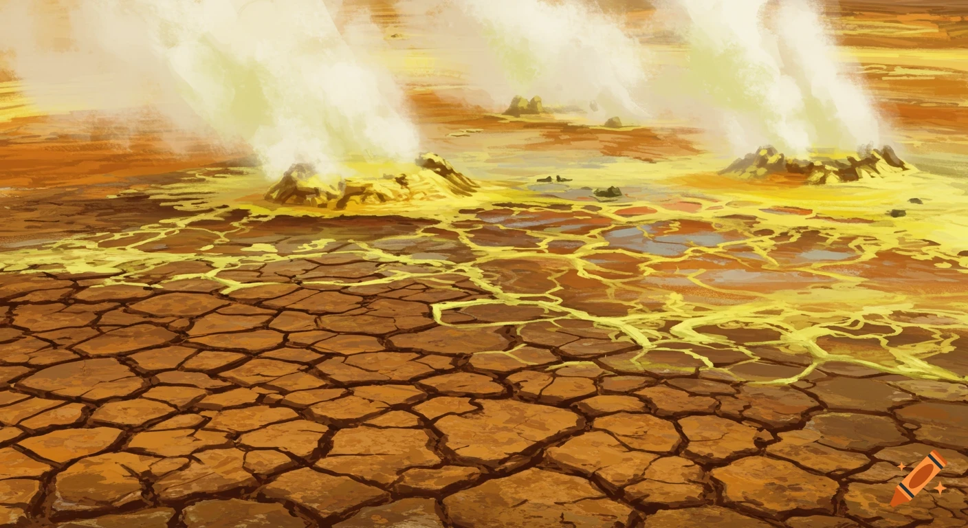 A cracked, dry landscape with yellow, glowing formations and plumes of steam rising from three vents.