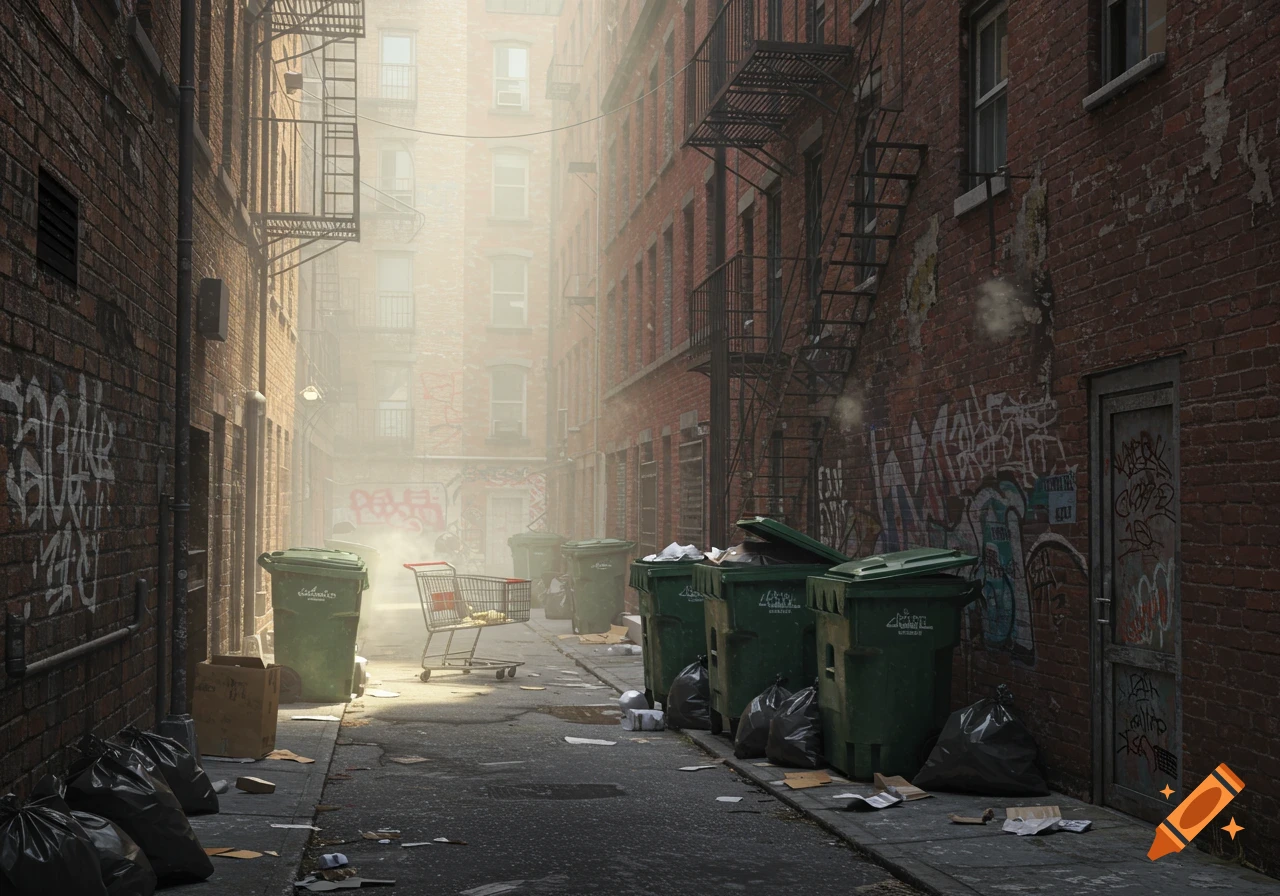 A dimly lit, grimy urban alley with brick buildings, fire escapes, trash cans, and graffiti on the walls.
