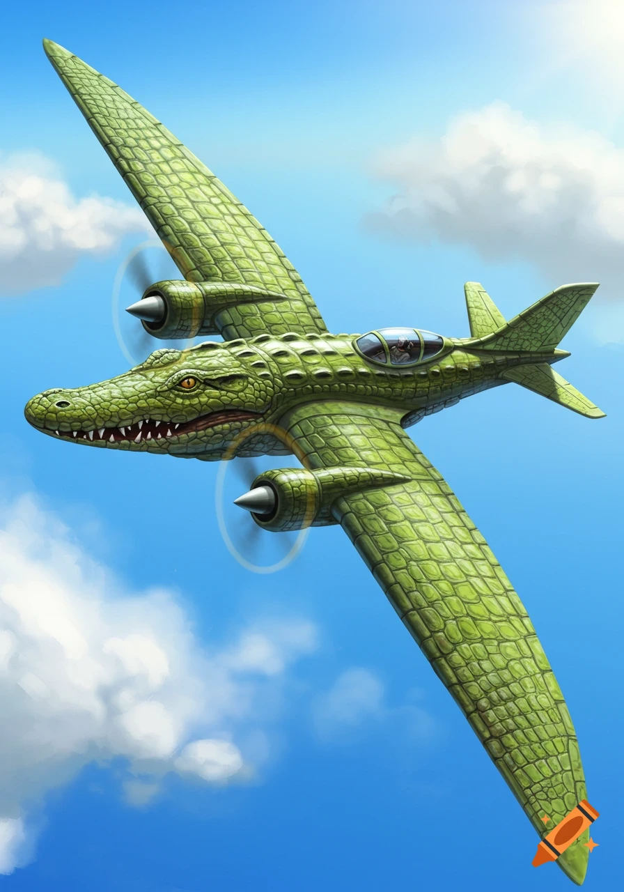 Illustration of a green airplane with a crocodile head and textured scales, flying in a blue sky with clouds.