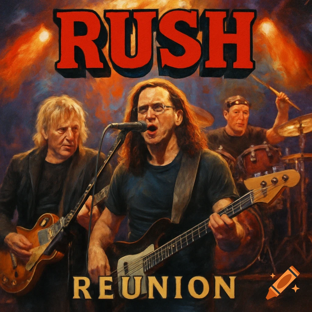Painterly image of Rush band members performing on stage with 'RUSH' at the top and 'REUNION' at the bottom.
