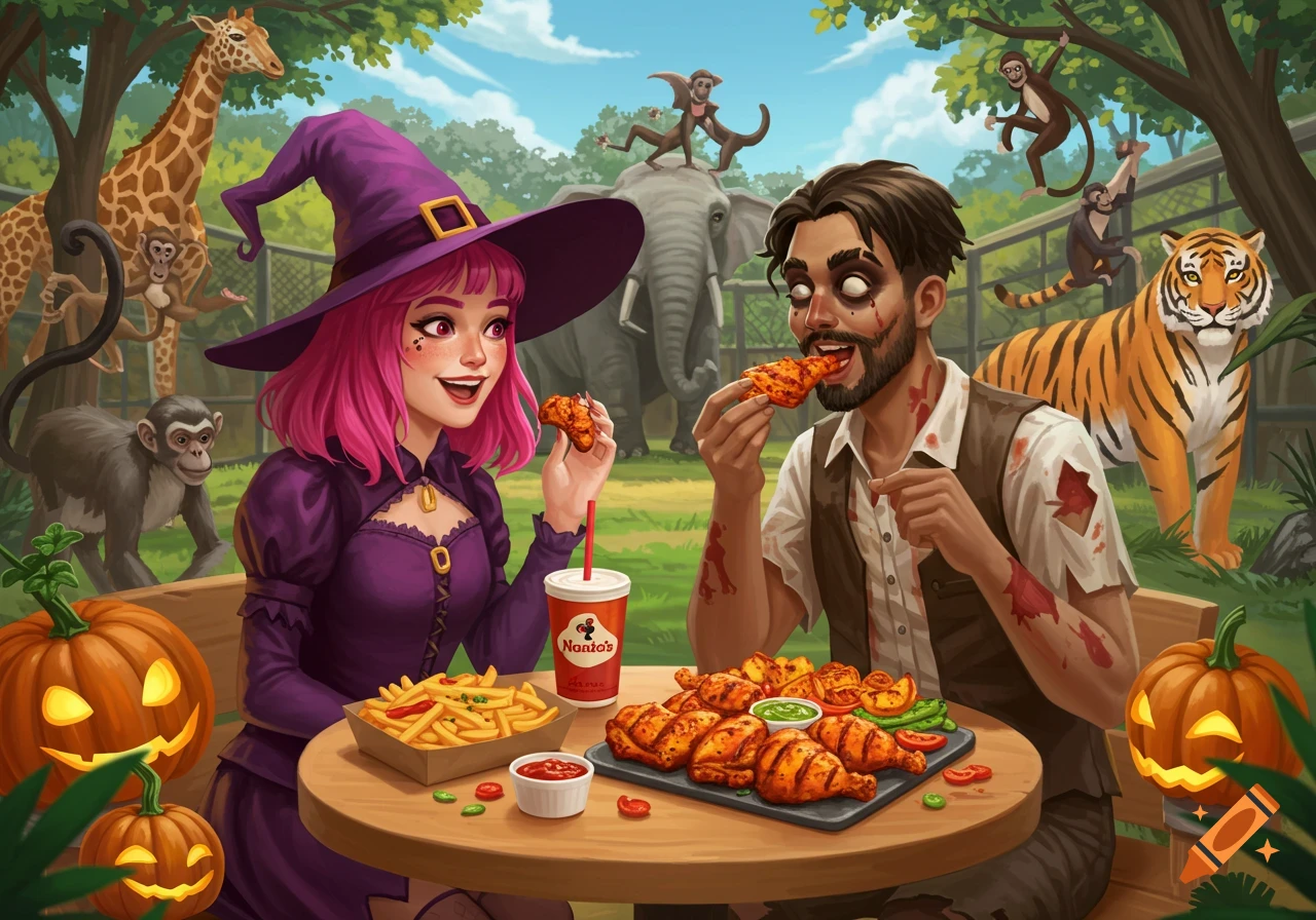 A smiling witch and a zombie-like man in a zoo eating fried chicken and fries at a table, with giraffes, monkeys, elephants, and tigers in the background. Jack-o'-lanterns are nearby.