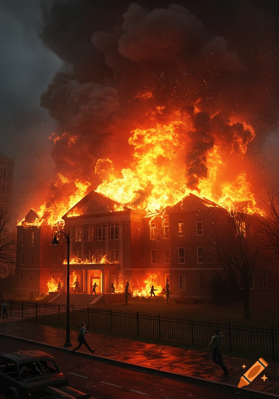A large school building is engulfed in massive orange flames and dark smoke as people run from the burning structure. Photorealistic style.