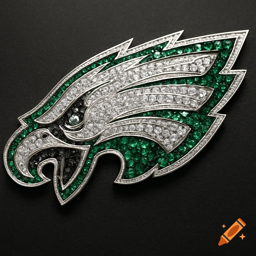 Close-up of the Philadelphia Eagles logo crafted from sparkling green emeralds, white diamonds, and black diamonds with silver plating.