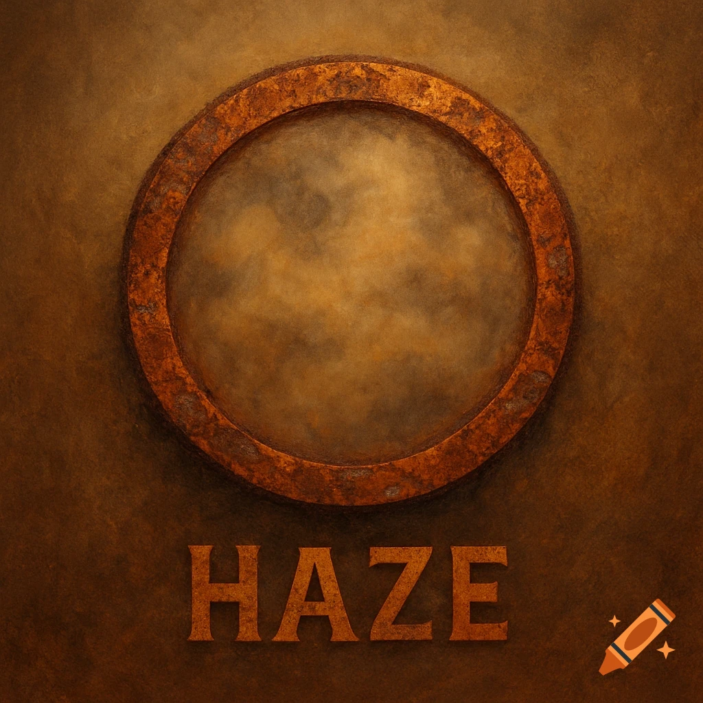 A rusty orange metal ring centered above the word 'HAZE' in a rustic font, all on a mottled brown and orange background.