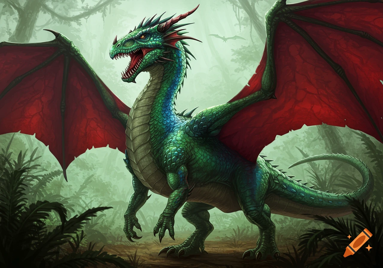 A majestic green dragon with large red wings stands in a lush jungle setting, looking ready to roar.
