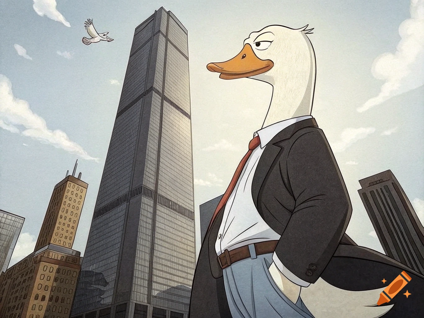 A cartoon goose in a suit and tie stands in a city with tall skyscrapers, looking up towards a bird flying in the sky.