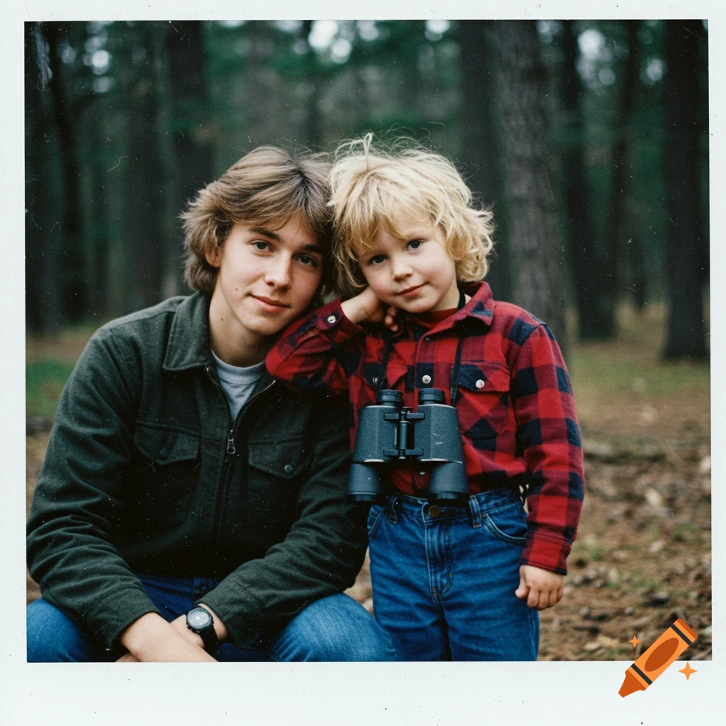 A 1980s Polaroid photo of a teenage boy and a younger boy with binoculars, sitting in a forest.