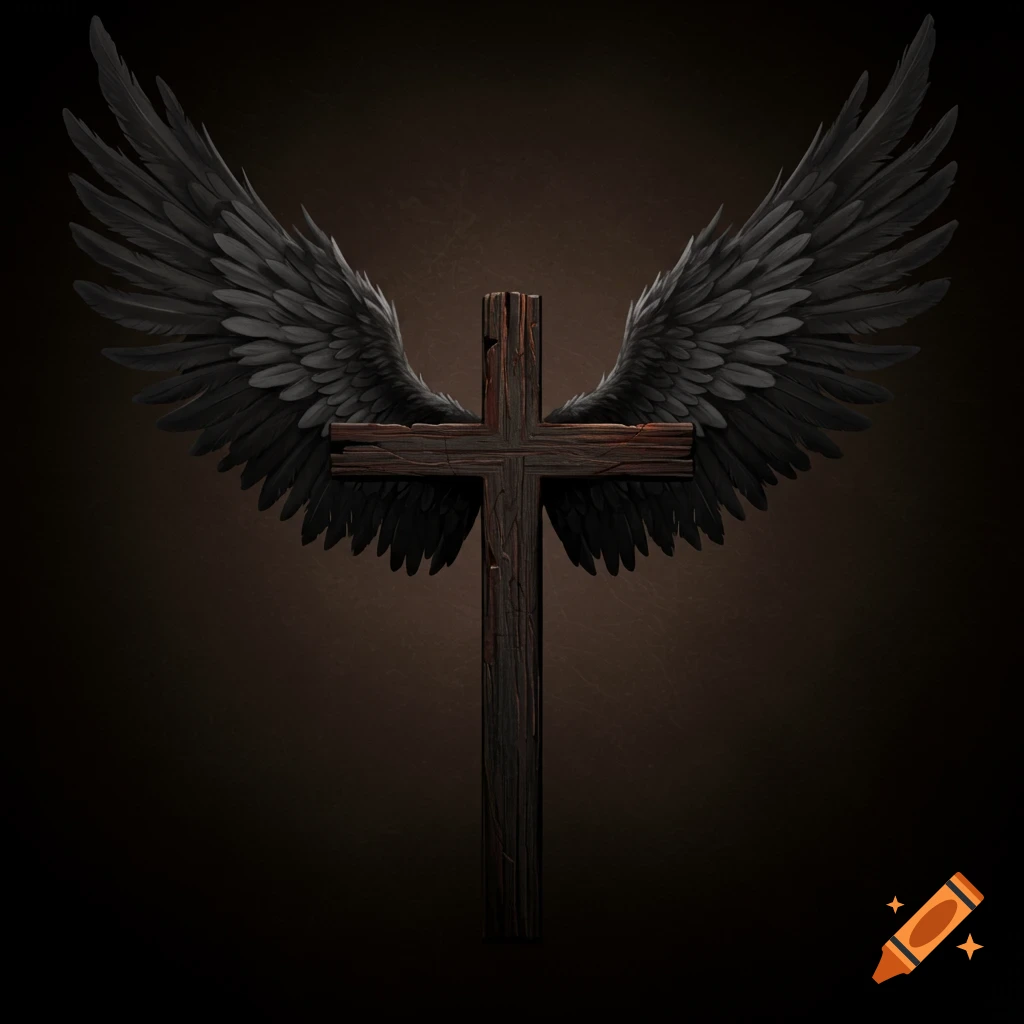 A dark wooden cross with large black feathered wings extended outwards ...