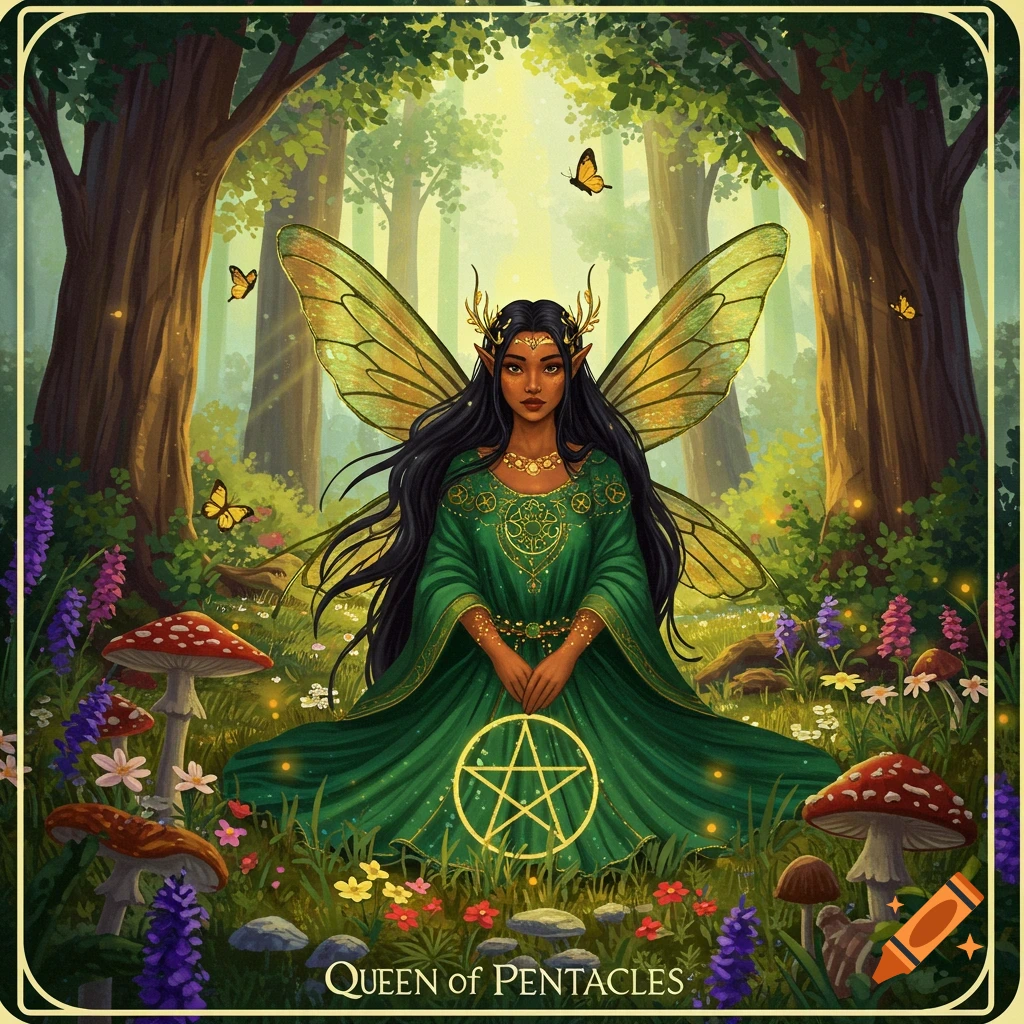 A dark-haired fairy with large green wings and golden antlers, wearing an emerald green dress, sits in a vibrant, sunlit forest surrounded by mushrooms, flowers, and butterflies, holding a golden pentagram.