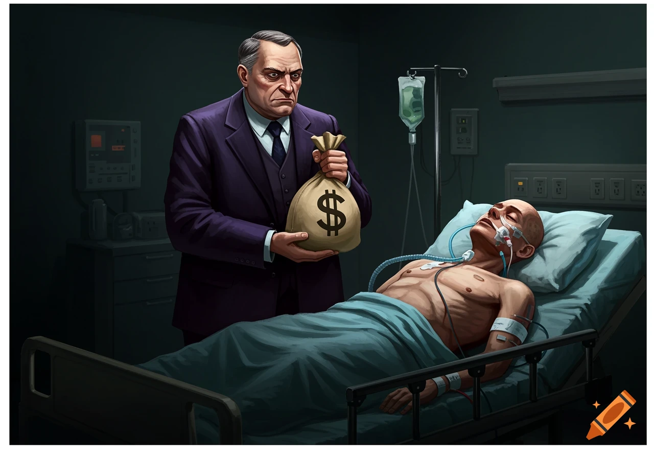 A stern man in a suit holds a money bag over a frail patient in a hospital bed, medical tubes attached.