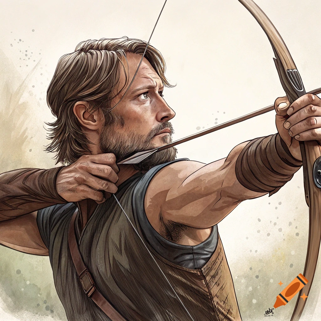 A bearded man with long hair, in a comic book illustration style, aims a bow and arrow in side profile.