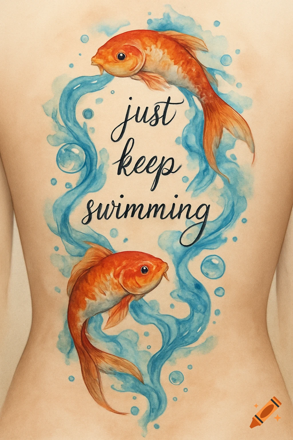 Watercolor back tattoo featuring two orange koi fish swimming amidst blue water swirls and bubbles, with the script 'just keep swimming'.