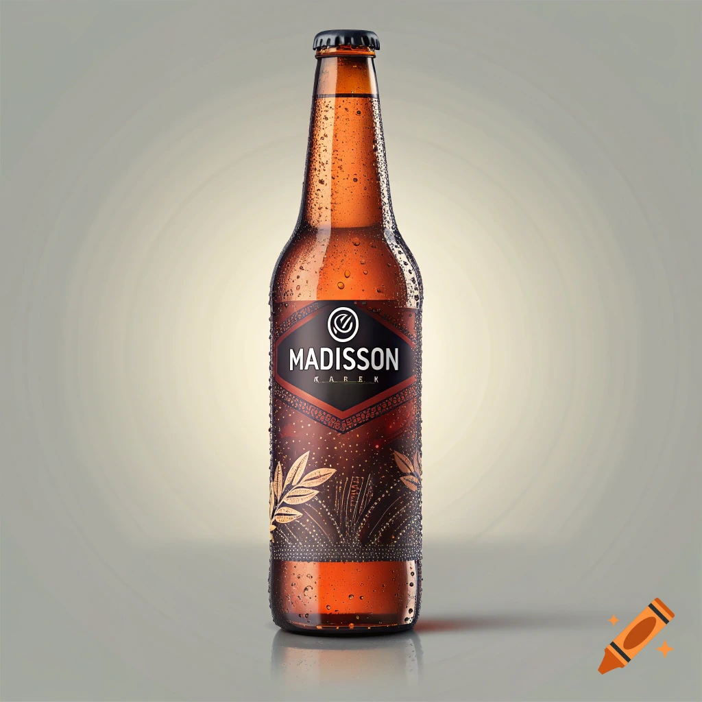 A condensation-covered brown beer bottle with a black and bronze label featuring the word 'MADISSON' and a stylized pattern, set against a light gradient background.
