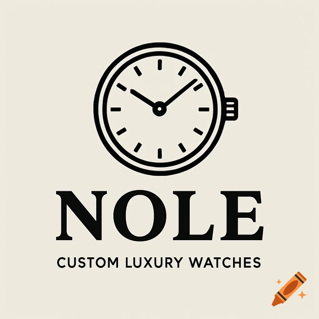 A black and white logo featuring a stylized watch icon above the brand name "NOLE" and the slogan "CUSTOM LUXURY WATCHES" on a light background.