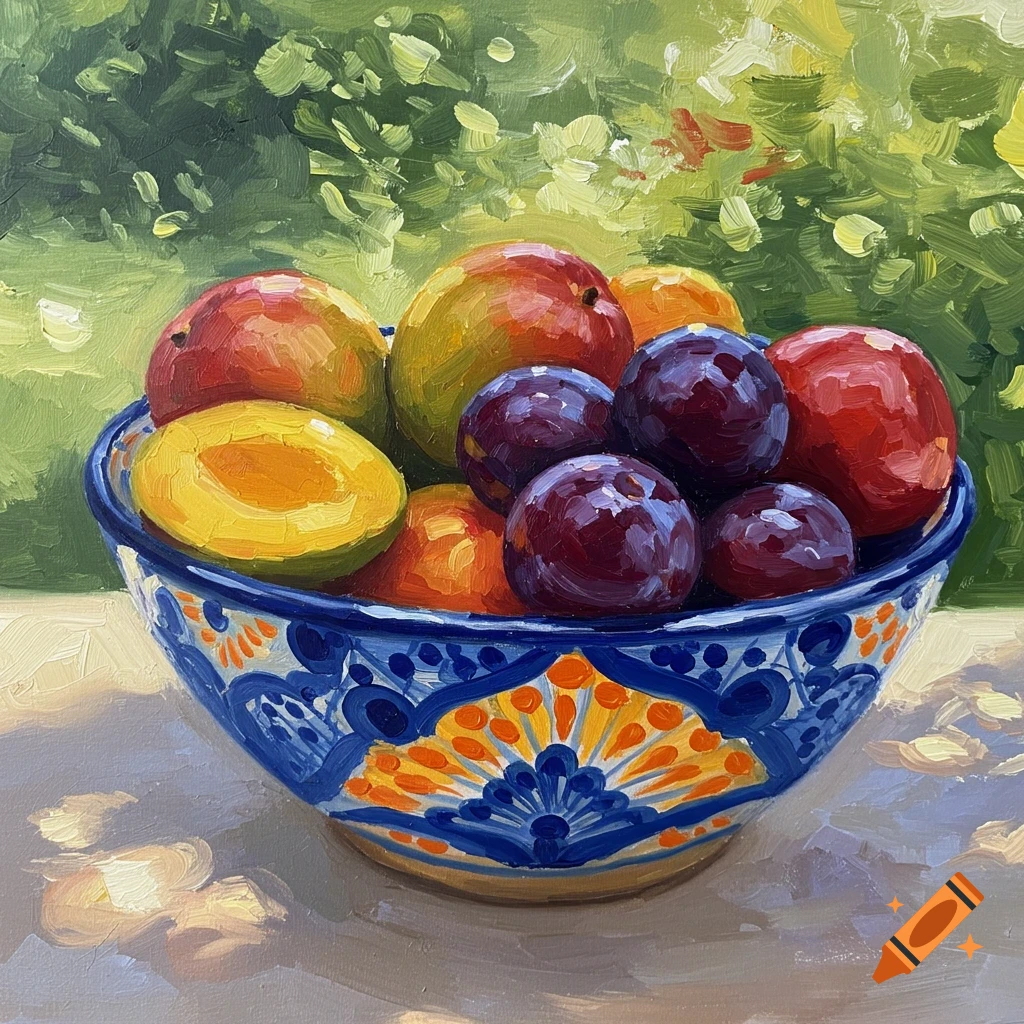 An impressionistic painting of a colorful ceramic bowl filled with mangoes and plums, set against a blurred green background.