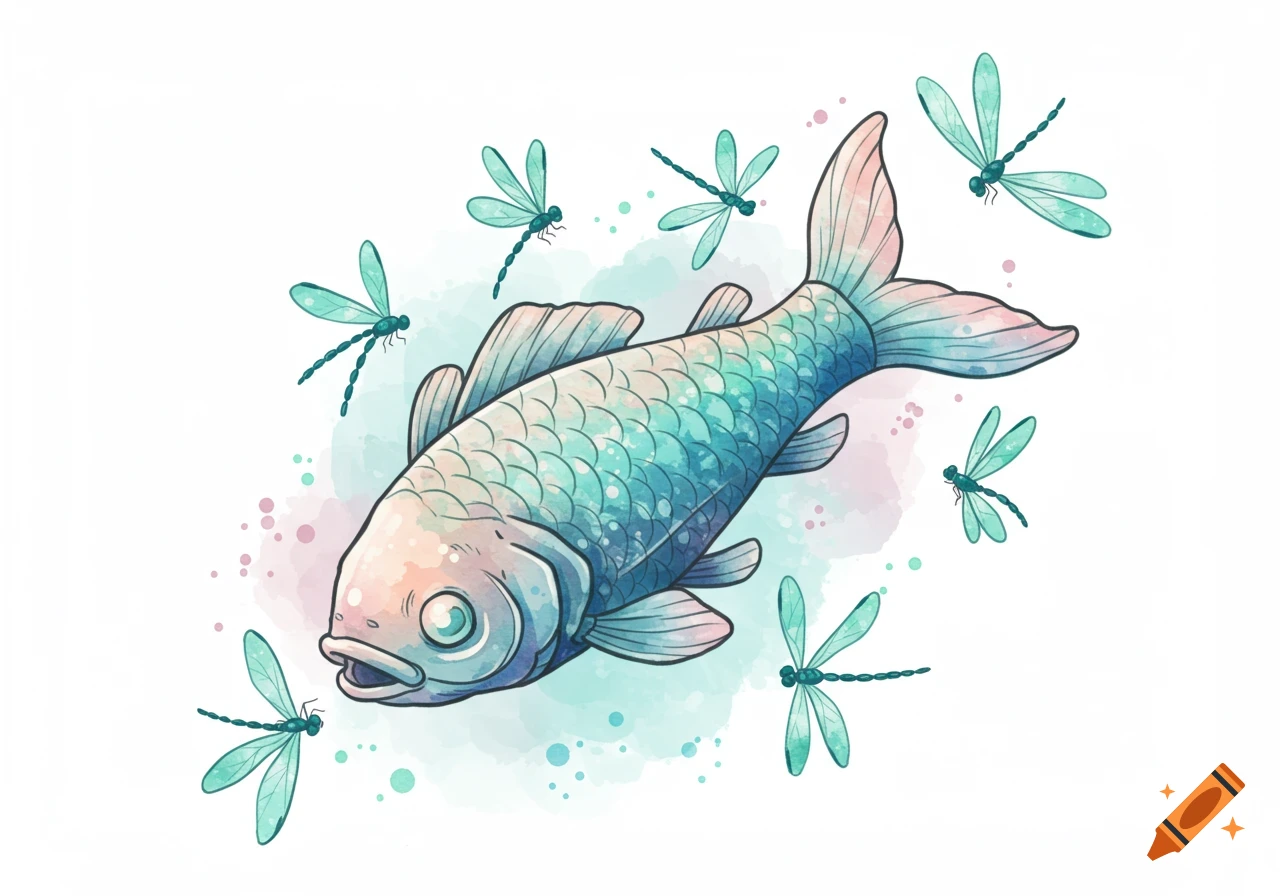 A stylized watercolor illustration of a blue and pink fish surrounded by teal dragonflies.