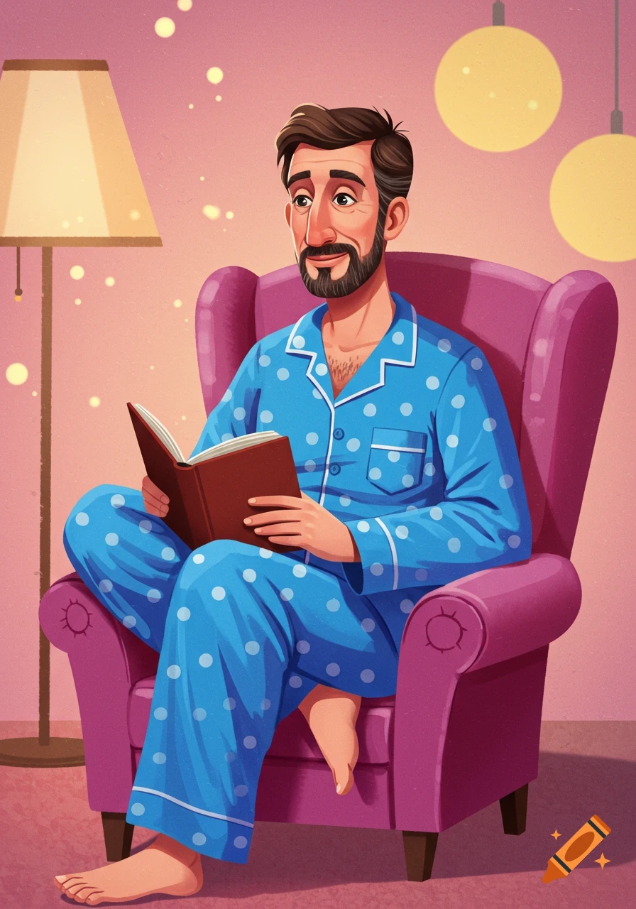 An illustrated man in blue polka-dot pajamas sits in a purple armchair, reading a book in a cozy room with lamps.