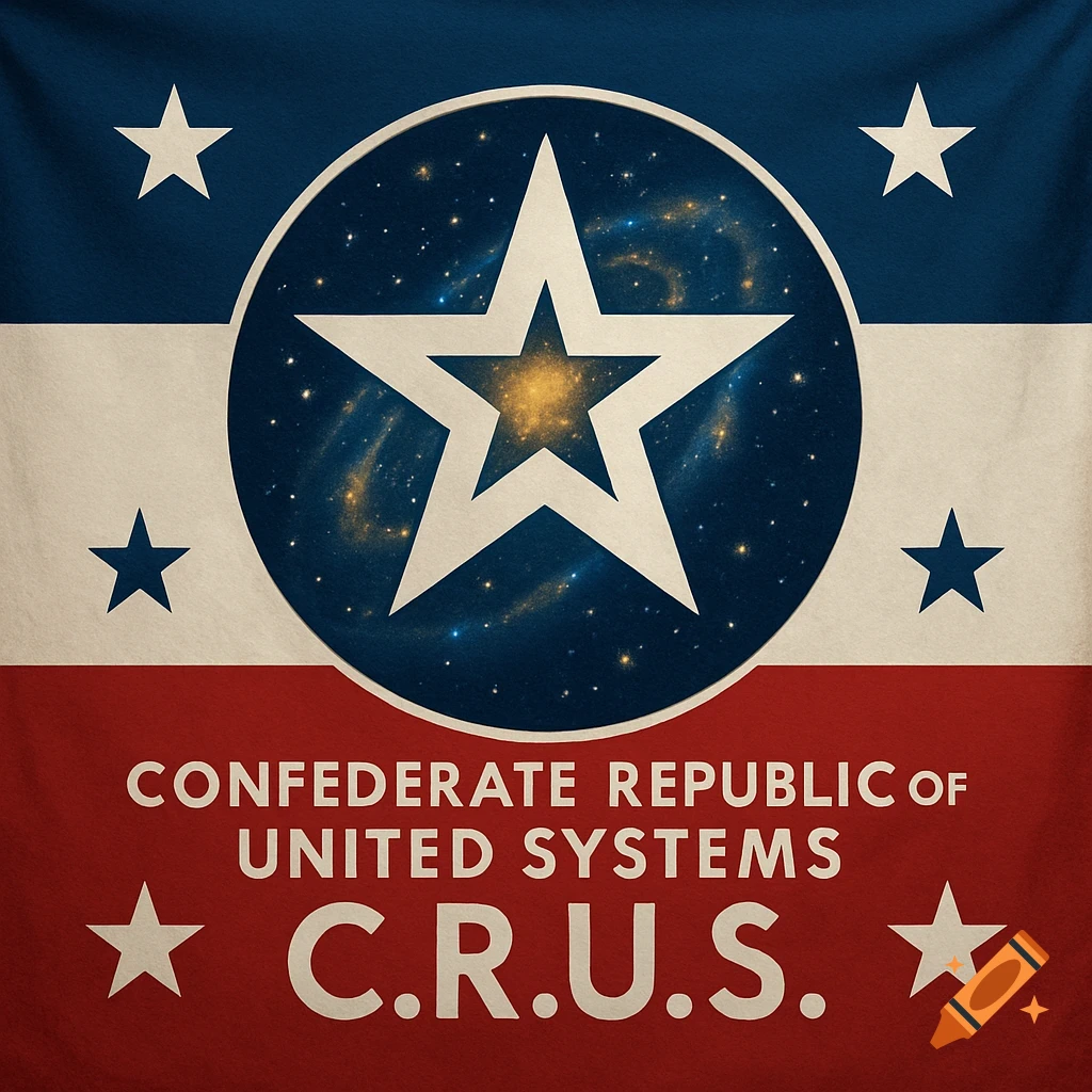 A flag with blue, white, and red stripes. A large white star containing a galaxy is centered. Text reads "CONFEDERATE REPUBLIC OF UNITED SYSTEMS C.R.U.S.".