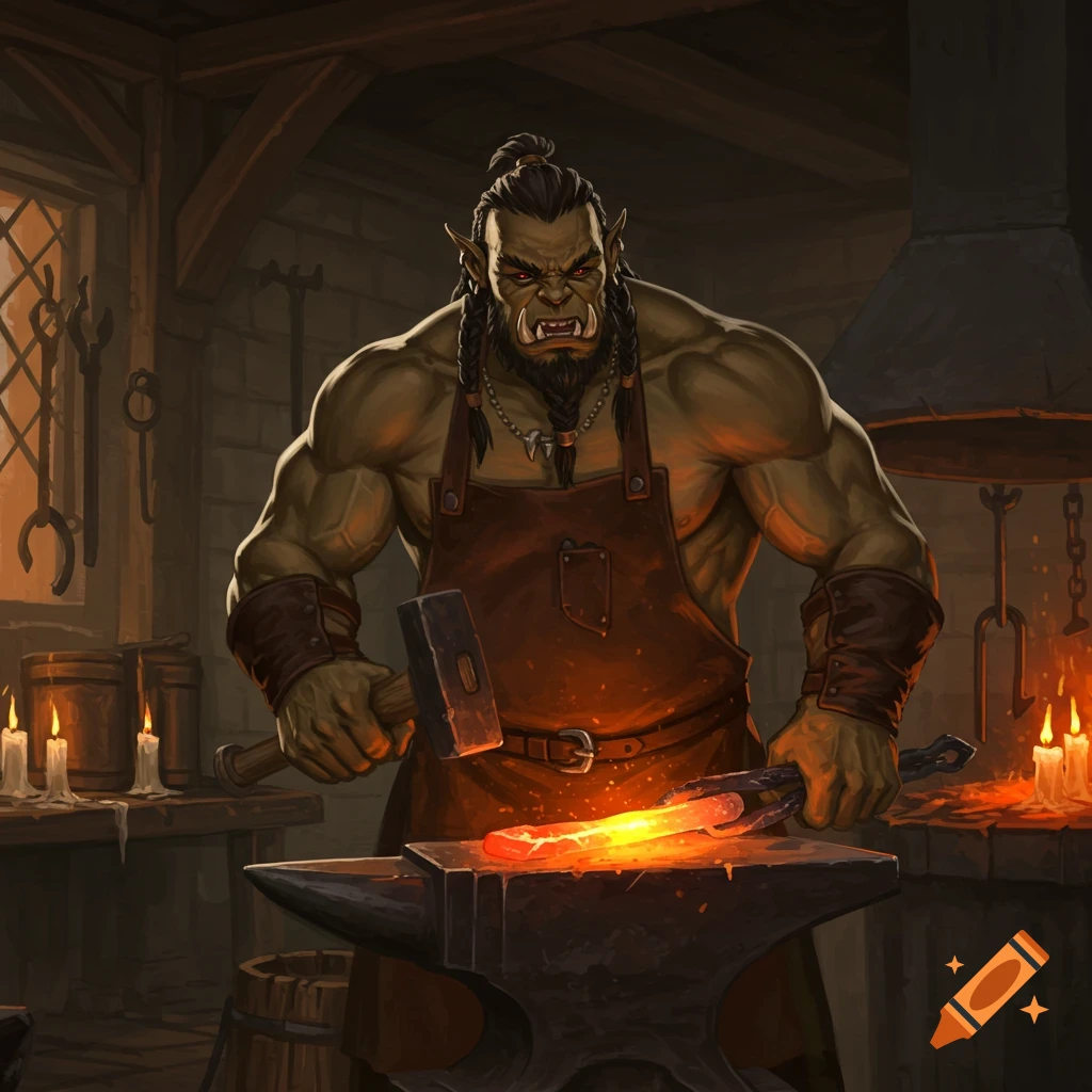A muscular half-orc blacksmith in an apron hammers glowing metal on an anvil in a workshop.
